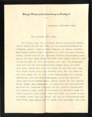 Brief von Lampert (Königliche Naturaliensammlung) an Kopp