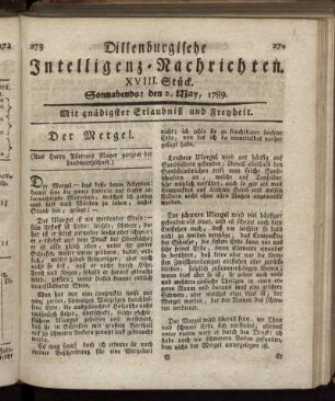 XVIII. Stück. Sonnabends: den 2. May, 1789.