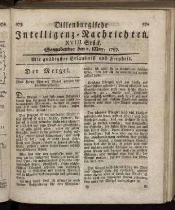 XVIII. Stück. Sonnabends: den 2. May, 1789.