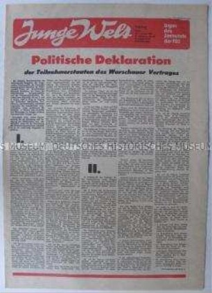 Tageszeitung der FDJ "Junge Welt" mit dem Wortlaut der "Politischen Deklaration" des Warschauer Vertrages