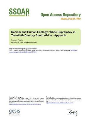 Racism and Human Ecology: White Supremacy in Twentieth-Century South Africa - Appendix