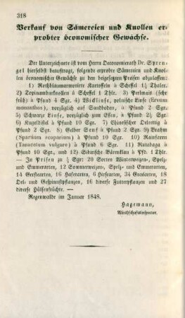 Verkauf von Sämereien und Knollen erprobter öconomischer Gewächse.