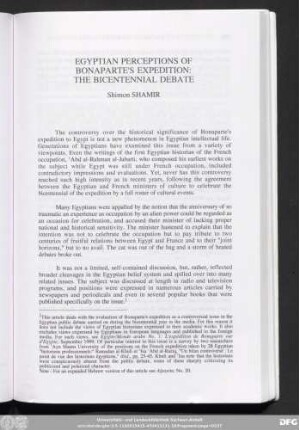 Egyptian Perceptions Of Bonaparte's Expedition: The Bicentennial Debate Shimon Shamir