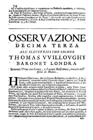 Osservazione Decima Terza all'Illustriss. et Eccell. Sig. Thomas Willoughy Baronet Londra ...