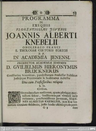 Programma In Exequiis ... Joannis Alberti Knebelii ... In Academia Ienensi