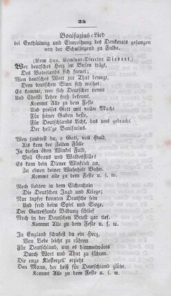 Bonifazius-Lied bei Enthüllung und Einweihung des Denkmals gesungen von der Schuljugend zu Fulda.