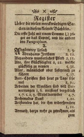 Register Ueber die vielen merckwürdigen Sachen in diesem kleinen Büchlein.