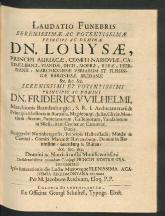Laudatio Funebris ... Dn. Louysae ...