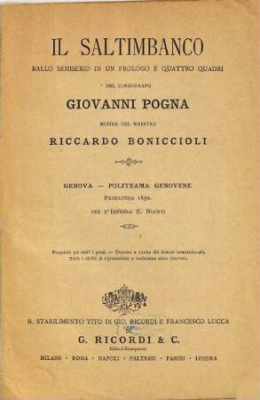 Il saltimbanco : ballo semiserio in un prologo e quattro quadri ; Genova, Politeama Genovese, primavera 1890