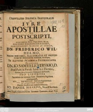 Dispvtatio Ivridica Inavgvralis De Ivre Apostillae Sev Postscripti