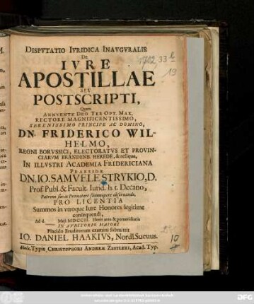 Dispvtatio Ivridica Inavgvralis De Ivre Apostillae Sev Postscripti