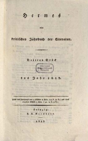 Hermes oder kritisches Jahrbuch der Literatur. 1819,3