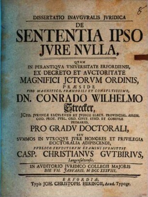 Diss. inaug. iur. de sententia ipso iure nulla