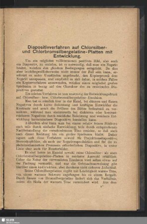Diapositivverfahren auf Chlorsilber und Chlorbromsilbergelatine-Platten mit Entwicklung
