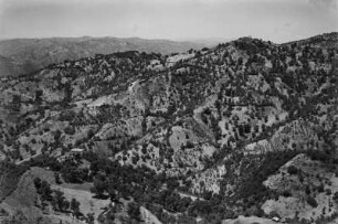 Landschaftsblick : Blick auf Berghang und Tal unterhalb des Dorfes Aït Aïssa Mimoune. Im Tal befinden sich Getreidefelder.