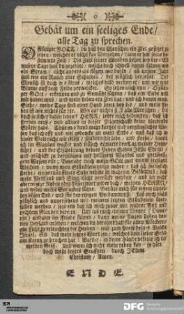 Gebät um ein seeliges Ende / alle Tag zu sprechen.