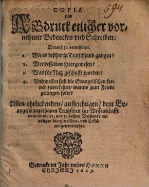 Copia und Abdruck etlicher vornehmer Bedenken und Schreiben