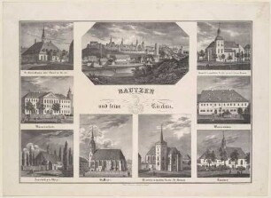Bilderbogen mit einer Stadtansicht von Bautzen und zehn Ansichten von wichtigen Gebäuden in Bautzen, aus Sachsens Kirchen-Galerie, 1840