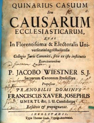Quinarius Casuum Seu Causarum Ecclesiasticarum