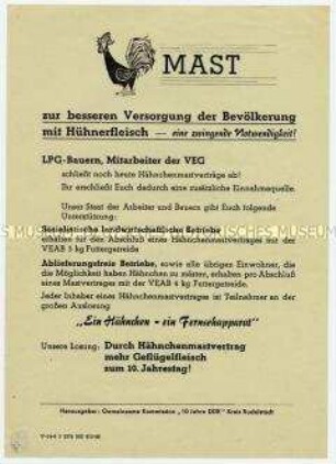 Aufruf zum Abschluss von Hähnchenmastverträgen für bessere Versorgung, anlässlich des 10. Jahrestages der DDR-Gründung