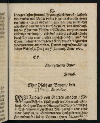 53-58, Chur Pfaltz an Bayrn den 14. Martij, 24. Martij Anno 1620