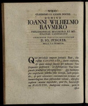 Viro Clarissimo Et Eximte Docto Domino Iohanni Wilhelmo Baumero ...
