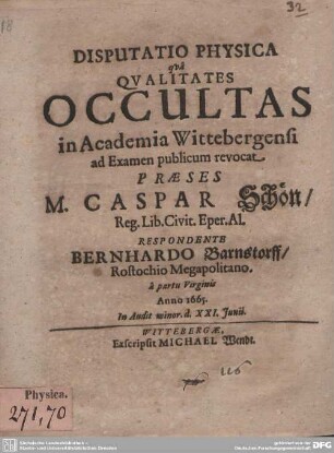 Disputatio Physica qua Qualitates Occultas