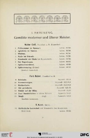 I. Abteilung. Gemälde moderner und älterer Meister (Nr. 1-191)
