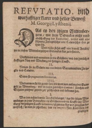 Refutatio, und warhafftiger klarer und heller Beweiß M. Georgii Lysthenii.