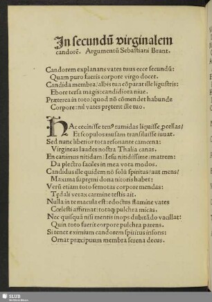 In secundum virginalem candorem. Argumentum Sebastiani Brant.