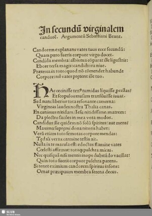 In secundum virginalem candorem. Argumentum Sebastiani Brant.
