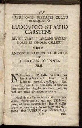 Patri Omni Pietatis Cultu Prosequendo Ludovico Statio Carstens Divini Verbi Praeconi Wizendorfii In Ephoria Cellensi [...]