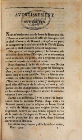 Oeuvres choisies de Bossuet .... 23. Discours sur l'Histoire universelle. - 1822. - 2 Bl., 540 S.