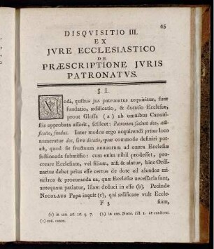 Disquisitio III. Ex Jure ecclesiastico de præscriptione juris patronatus.