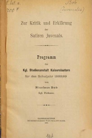 Zur Kritik und Erklärung der Satiren Juvenals
