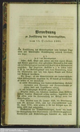 Verordnung zu Ausführung des Gewerbegesetzes; vom 15. October 1861