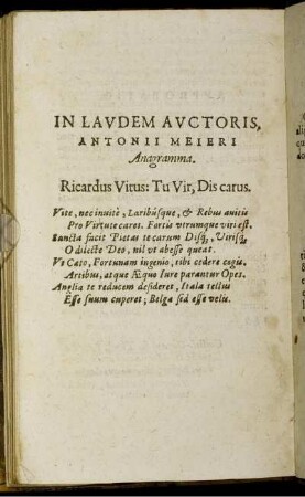 In Laudem Auctoris, Antonii Meieri Anagramma.