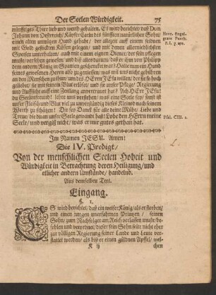 Die IV. Predigt/ Von der menschlichen Seelen Hoheit und Würdigkeit in Betrachtung deren Heiligung/ und etlicher andern Umstände/ handelnd. Aus demselben Text.
