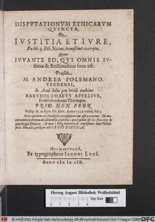 Disputationum Ethicarum Quincta, De Iustitia Et Iure : Ex lib. 5. Eth. Nicom. brevißime excerpta