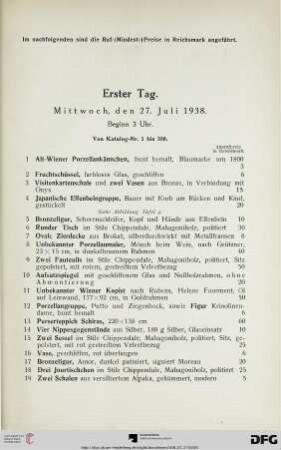 Erster Tag. Mittwoch, den 27. Juli 1938. Beginn 3 Uhr (Nr. 1-350)