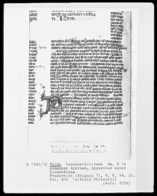 Johannes Andreae, Apparatus super Clementinas — Initiale P (resenti), darin ein Hundekopf, Folio 41verso