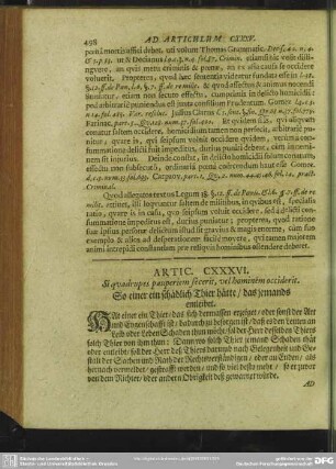 Artic. CXXXVI. Si quadrupes pauperiem fecerit, vel hominem occiderit