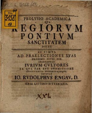 Prolusio acad. qua regiorvm pontivm sanctitatem docet, ac simvl ad praelectiones svas
