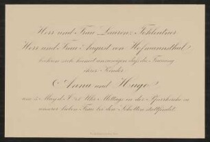 Material zu Hugo August Peter von Hofmannsthal sen. und Anna von Hofmannsthal; Brief: Hugo August Peter von Hofmannsthal sen. an seinen Vater Augustin von Hofmannsthal; Brief: Petronilla von Rhò an ihren Sohn Hugo August Peter von Hofmannsthal
