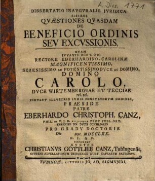 Dissertatio Inauguralis Iuridica Sistens Quaestiones Quasdam De Beneficio Ordinis Seu Excussionis