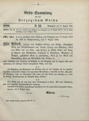 13. Gesetz, betreffend einen Nachtrag zum Berggesetz vom 16. August 1868, Nr. 953 der Gesetzsammlung, vom 9. August 1894