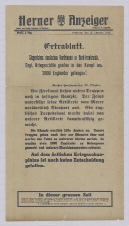 "Siegreiches deutsches Vordringen in Nord-Frankreich. Engl. Kriegsschiffe greifen in den Kampf ein."