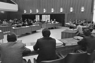Anhörung im Bürgersaal des Rathauses im Wasserrechtsverfahren für die von der Firma Bellina beantragte Erweiterung der Ausbaggerung des Baggersees bei Grötzingen