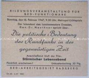 Einladung zu einer Bildungsveranstaltung für SED-Funktionäre