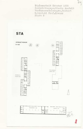 Sozialtherapeutische Anstalt, Berlin-Borsigwalde (Diplomarbeit bei Willy Kreuer): Grundrisse Unterkunftsgebäude 1:200